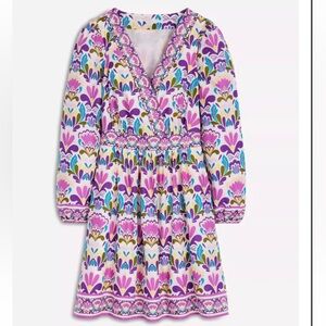 NEW Boden Mya Cotton V- Neck LS Floral Smocked Lined Pockets Short Dress $190